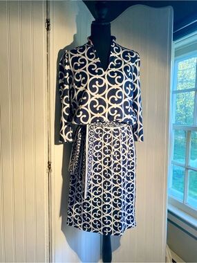 Gretchen Scott Navy & White Scroll Wrap Dress with Coral Lining